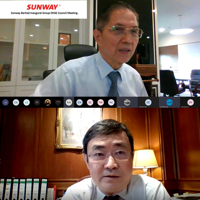 Tan Sri Dato' (Dr.) Chew Chee Kin and Ong Pang Yen in a Zoom meeting for Sunway Group OHSE Council meeting