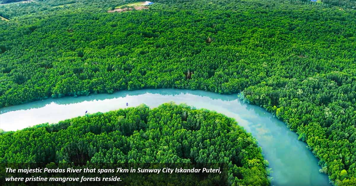 Drone shot of Pendas River at Sunway City Iskandar Puteri