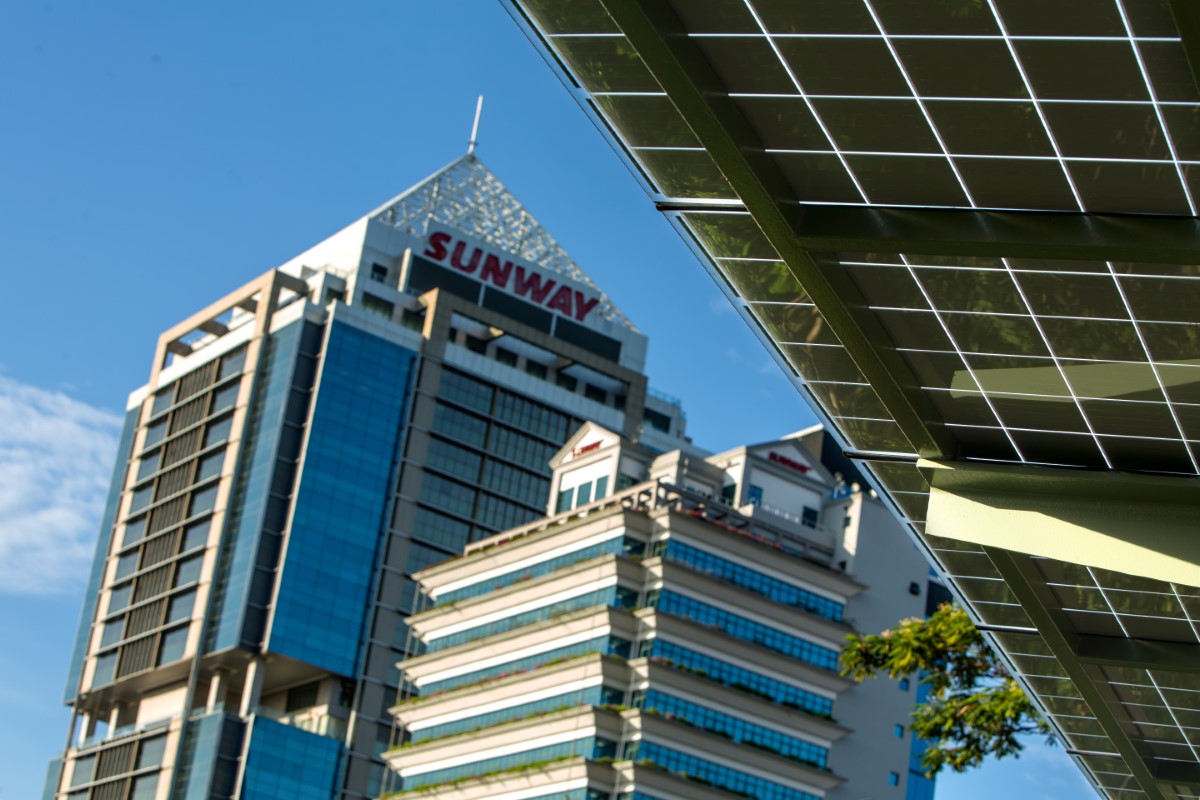A close-up of the top of The Pinnacle Sunway, taken from the Eco-Walk.