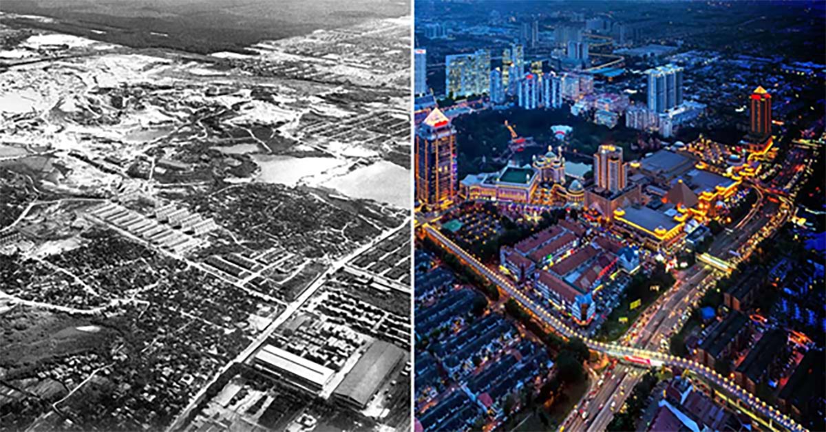 A side by side comparison of Sunway City Kuala Lumpur as a barren tin-mining site in the past on the left and present-day Sunway City Kuala Lumpur illuminated with city lights during dusk on the right