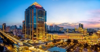 A drone night shot of Sunway Pinnacle at Sunway City Kuala Lumpur