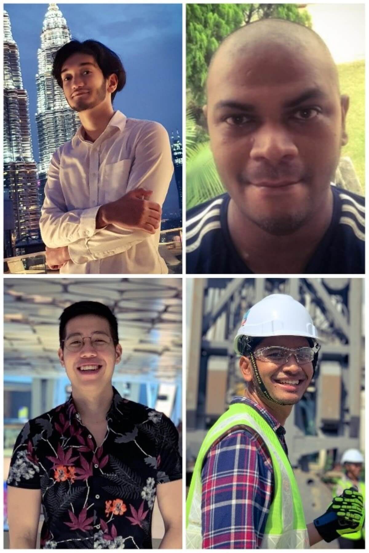 A collage of portraits of four males. Clockwise from top left – a mid-shot of a smug-looking male with facial hair and olive skin in a white button up with his arms crossed, posing with the Petronas twin towers in the background; a close-up of a haughty-looking bald male with some facial hair and dark skin, wearing a navy tee with three white stripes across each shoulder; a mid-shot of a smiling male with olive skin and construction site safety gears on; wearing a pink and navy flannel button up underneath; and finally, a mid-shot of a smiling male with fair skin and clear glasses on, wearing a dark floral shirt