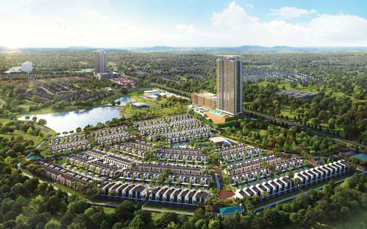 A wide shot of Sunway City Iskandar Puteri’s Citrine at The Lakeview, featuring shimmery lake in the middle of organised rows of Citrine Lakehomes and Citrine Residences, Citrine Hub as well as Citrine Designer Offices, enveloped snugly within lush greeneries with a clear blue skyline in the horizon