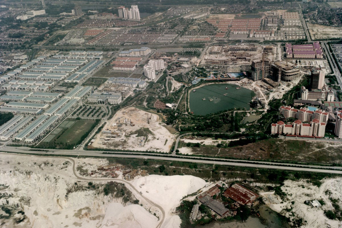 An aerial view of Sunway Lagoon Theme Park construction taking place circa 1986.