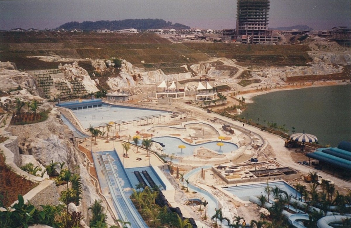 An aerial close-up view of the construction of Sunway Lagoon Water Park circa 1986, capturing the inception of some of the Theme Park’s landmark attractions.