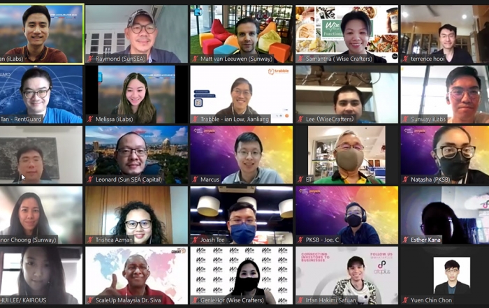 A group photo of Sunway iLabs’ virtual Demo Day 2021 conducted via Microsoft Teams, following the end of their third Super Accelerator programme, featuring iLabs core team as well as participants representing the Top 5 startups, namely, RentGuard, Loop Foods, Singular, Wise Crafters and Trabble.