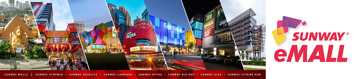 A collage of all seven existing Sunway malls – Sunway Pyramid, Sunway Velocity, Sunway Carnival, Sunway Putra, Sunway Big Box, Sunway Giza and Sunway Citrine Hub and Sunway eMall logo