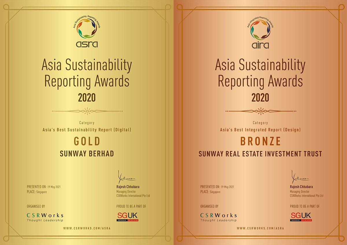 A side-by-side close up of Sunway Berhad’s Gold Asia Best Sustainability Report (Digital) category Award (L) and Sunway Real Estate Investment Trust (REIT)’s Bronze Asia Best Integrated Report (Design) category Award (R) awarded at theAsia Sustainability Reporting Awards (ASRA) 2020