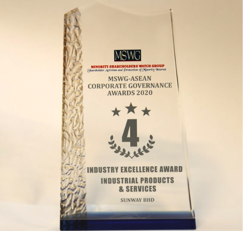 A close up portrait shot of one of many Sunway Berhad’s accolade awarded at the Minority Shareholders Watch Group MSWG-ASEAN Corporate Governance Awards 2020