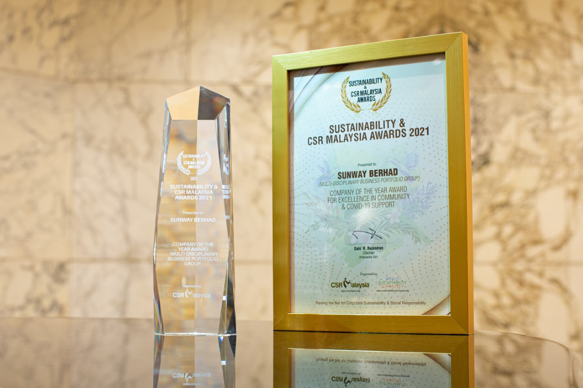 A full shot of the award plaque in honour of Sunway Group winning the prestigious Company of the Year in Multi-Disciplinary Business Portfolio Group at the Sustainability and CSR Malaysia Awards 2021