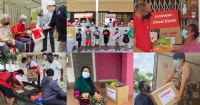 A collage shot of Sunwayians in Sunwayians in their signature red polo tee and face masks handing bubur lambuk and essential groceries in Sunway tote bags and boxes to a seating lady in face mask in a mosque