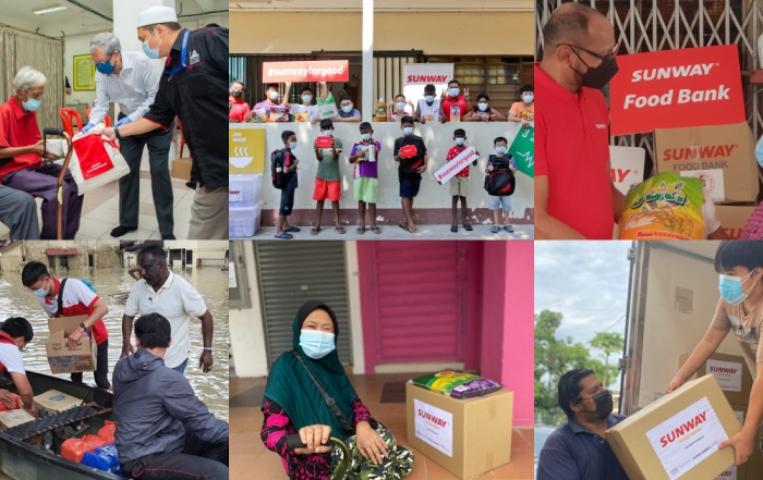 A collage shot of Sunwayians in Sunwayians in their signature red polo tee and face masks handing bubur lambuk and essential groceries in Sunway tote bags and boxes to a seating lady in face mask in a mosque