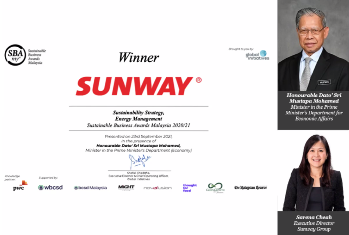Sunway's winner certificate for Sustainable Business Awards Malaysia 2020/2021 with portraits of Honourable Dato' Sri Mustapa Mohamed and Sarena Cheah on the right