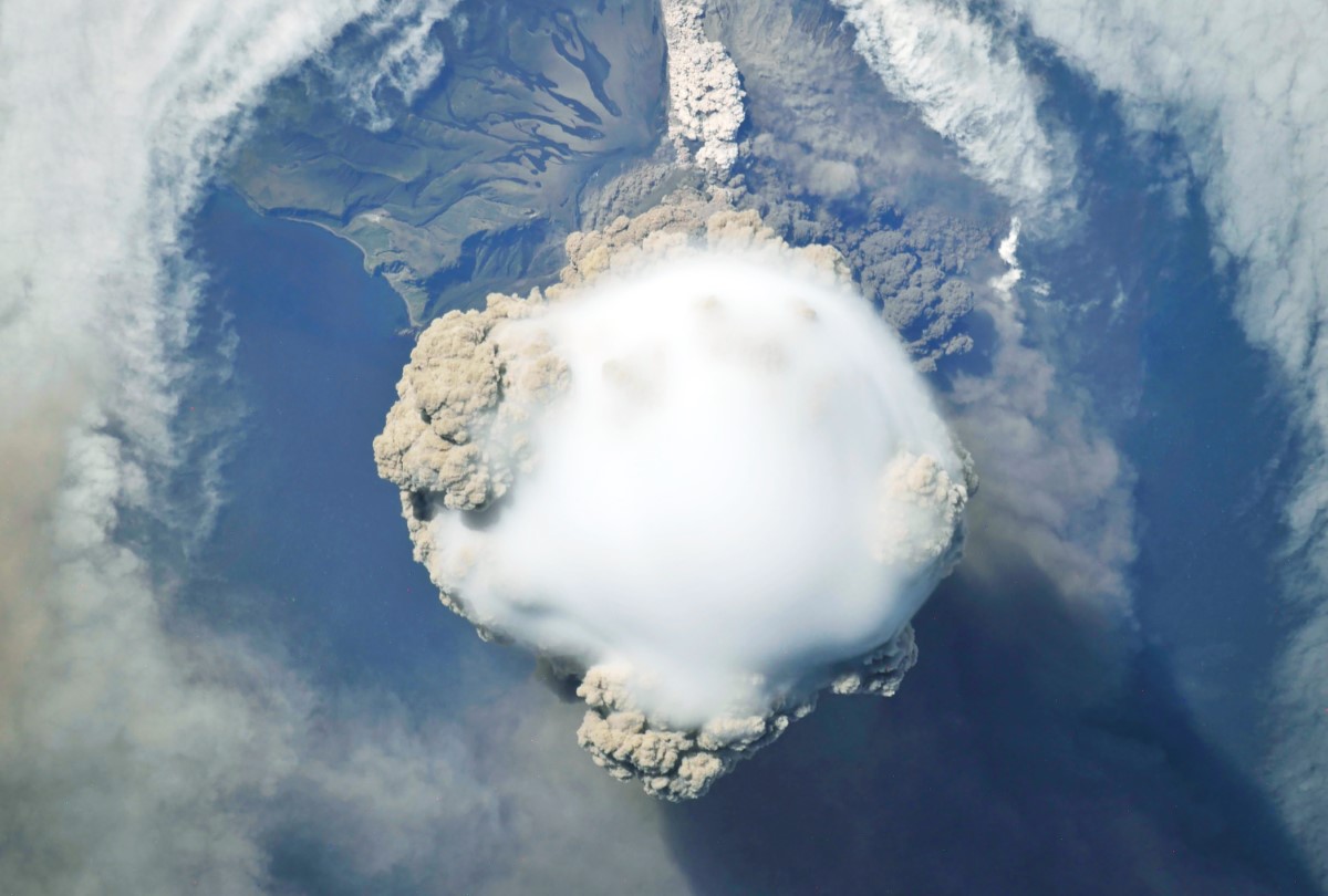 High-angle shot of volcano eruption in Tonga, New Zealand