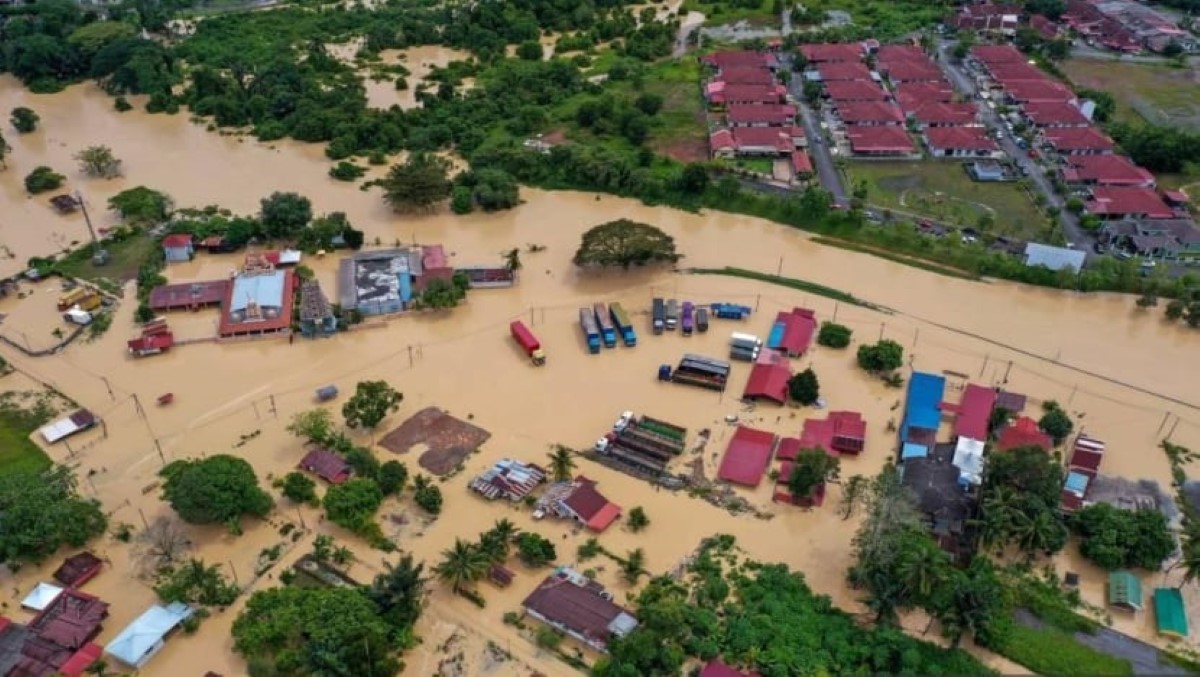 Houses and buildings being flooded in Malaysia