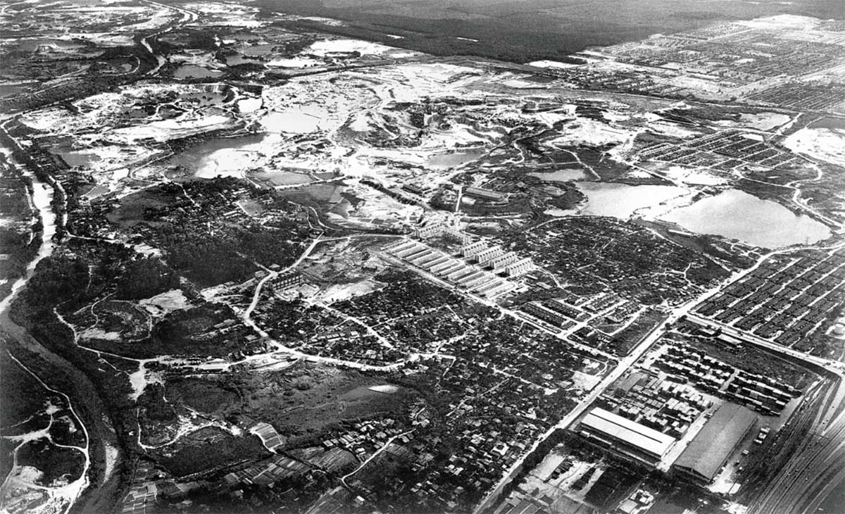 A wide-shot of abandoned tin-mining wasteland before turning into Sunway City Kuala Lumpur