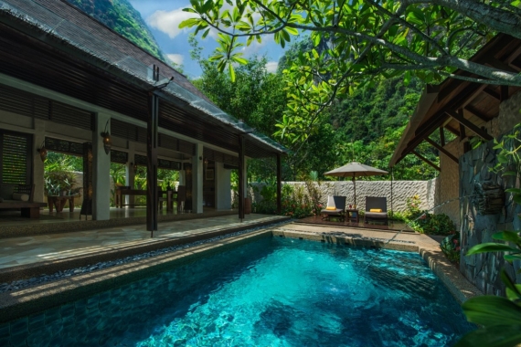 A side-shot of a pool at the garden villa of Banjaran Hotsprings Retreat