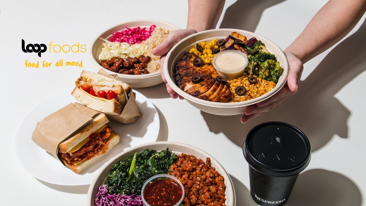 A landscape product placement shot of the variety of delectable food and coffee available at Loop Foods’ digital food court