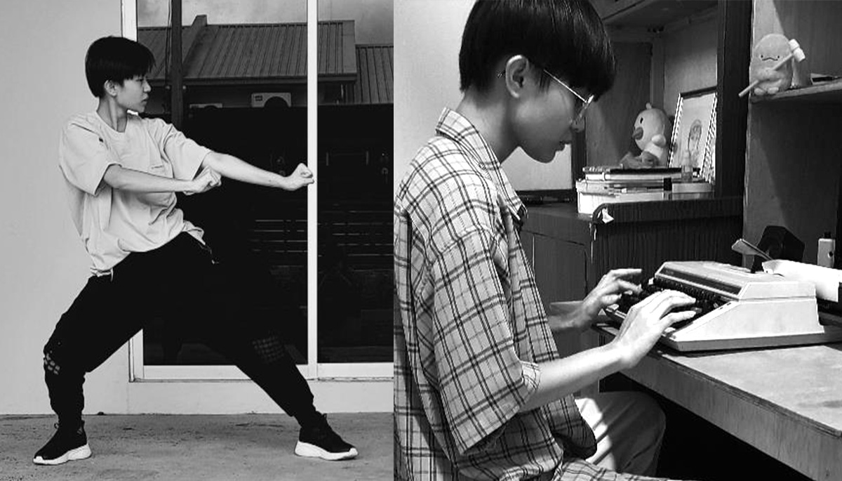 Black-and-white photographs of Abel Yong Zhi Ying practising martial arts and writing on a typewriter during leisure