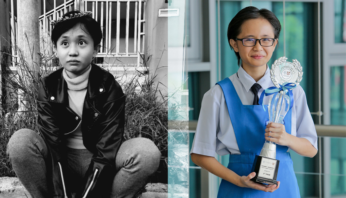 (L-R) 19-year-old Abel Yong Zhi Ying in present day alongside her 16-year-old self, dressed smartly in her school uniform and holding up her trophy from winning Sunway-Oxbridge Essay Competition 2019