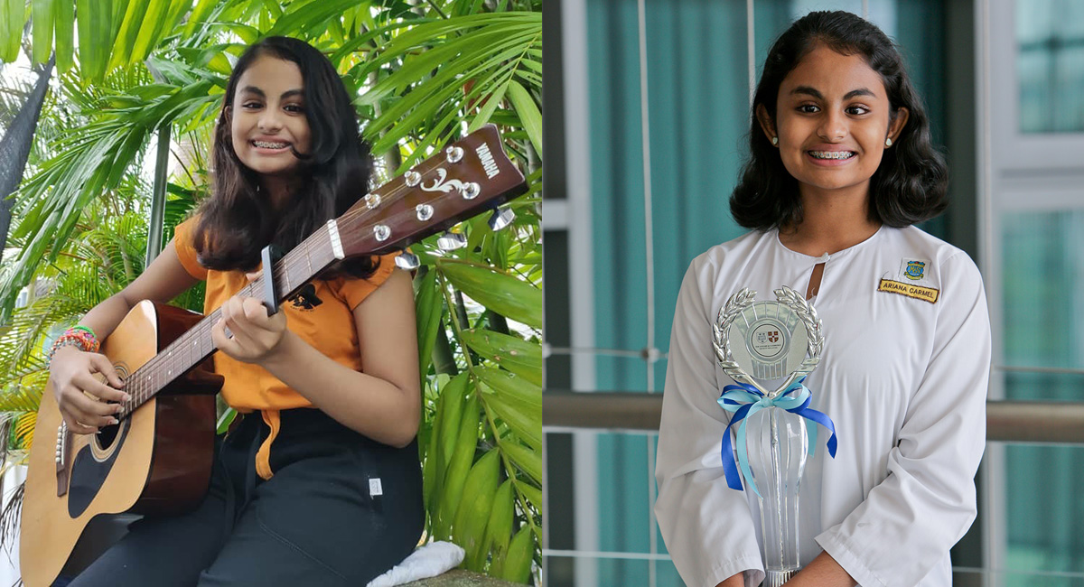 (L-R) 18-year-old Ariana Carmel Ravi fresh out of secondary school in present day alongside her 15-year-old self, dressed smartly in her school uniform and holding up her trophy from winning Sunway-Oxbridge Essay Competition 2019