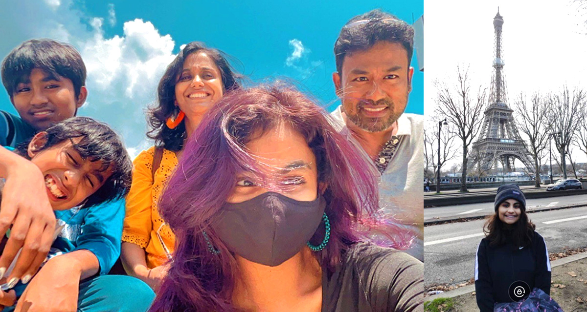 A heartwarming selfie of Ariana Carmel Ravi alongside her parents and two younger brothers beaming under the vibrant sun, alongside a portrait shot of her alone with the full Eiffel Tower in the background