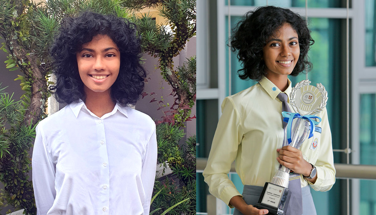 (L-R) 20-year-old Asfa Nisha binti Basheer Ali in present day alongside her 17-year-old self, dressed smartly in her school uniform and holding up her trophy from winning Sunway-Oxbridge Essay Competition 2019