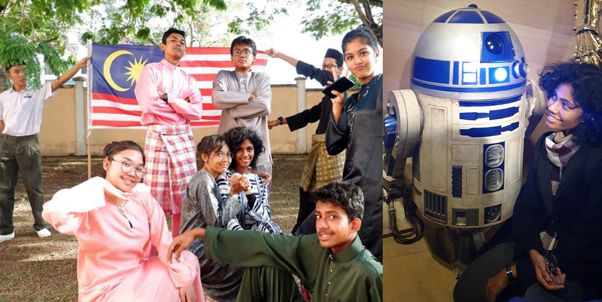 Asfa Nisha binti Basheer Ali posing amidst multiracial friends as well as her favourite fictional character, R2-D2 from Star Wars