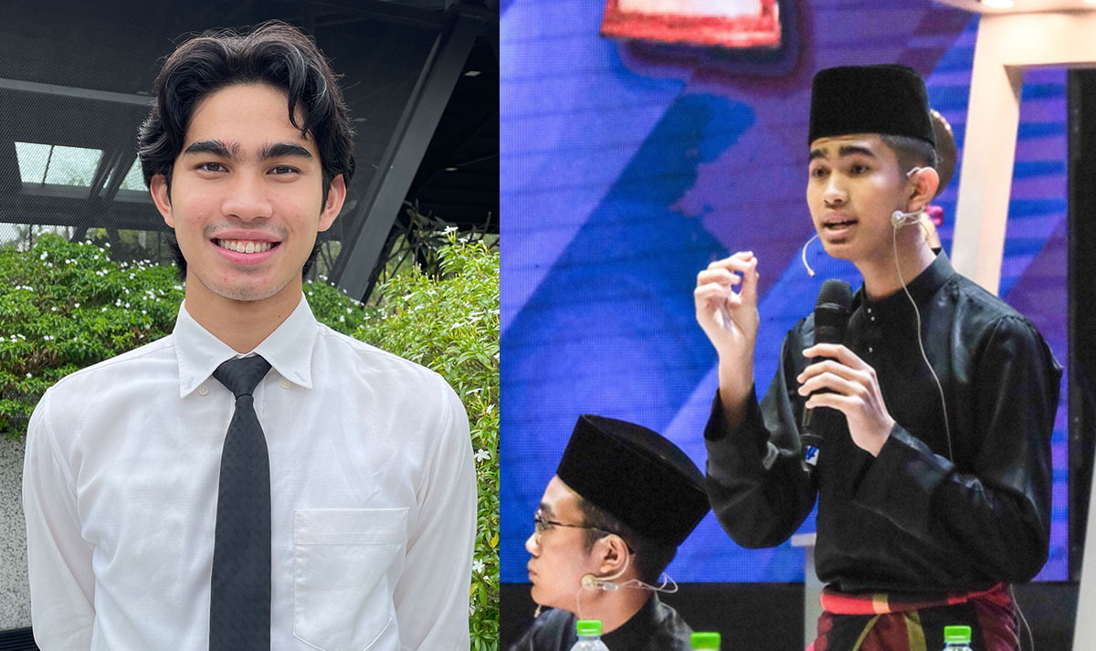 (L-R) 20-year-old Muhammad Luqman Mohammad Nawar in present day alongside his 17-year-old self, dressed smartly in Malay traditional wear, in the midst of a heated debate