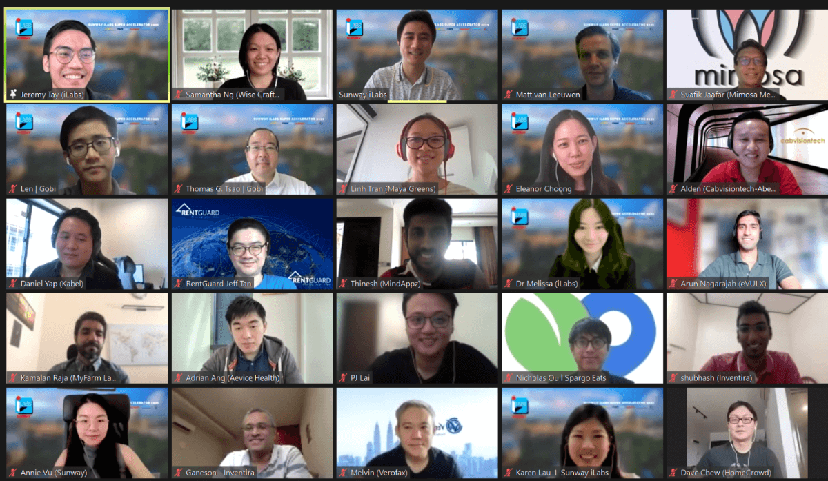 A screenshot of a Sunway iLabs’ most recent virtual panel sharing session conducted via Microsoft Teams, featuring Super Accelerator contestants, Sunway iLabs representatives and guest speakers.