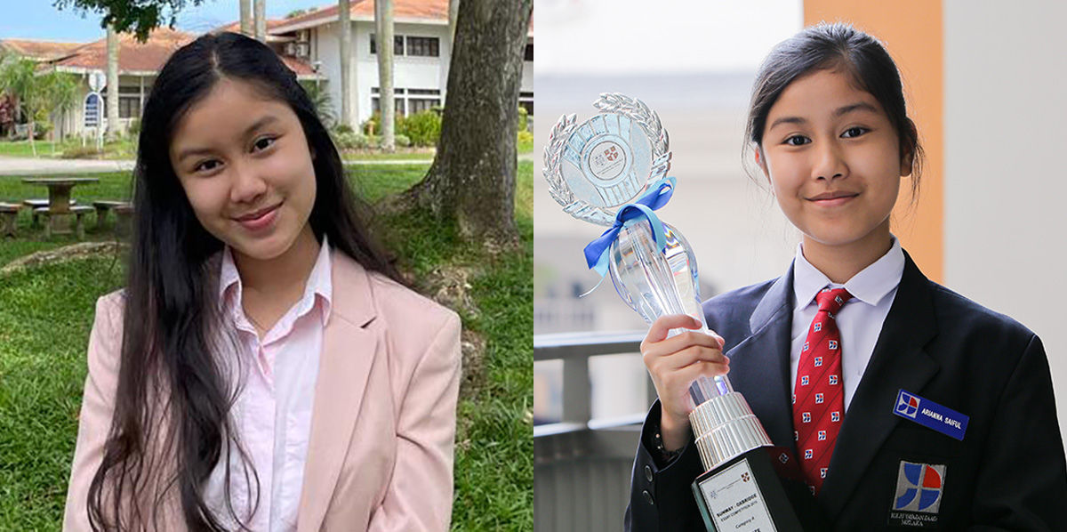 (L-R) 18-year-old Arianna Saiful fresh out of secondary school in present day alongside her 15-year-old self, dressed smartly in her school uniform and holding up her trophy from winning Sunway-Oxbridge Essay Competition 2019