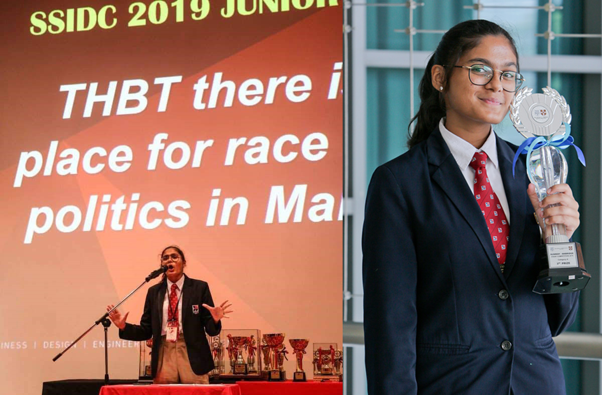 (L-R) 18-year-old Harvynna Kaur Kler fresh out of secondary school in present day alongside her 15-year-old self, dressed smartly in her school uniform and holding up her trophy from winning Sunway-Oxbridge Essay Competition 2019