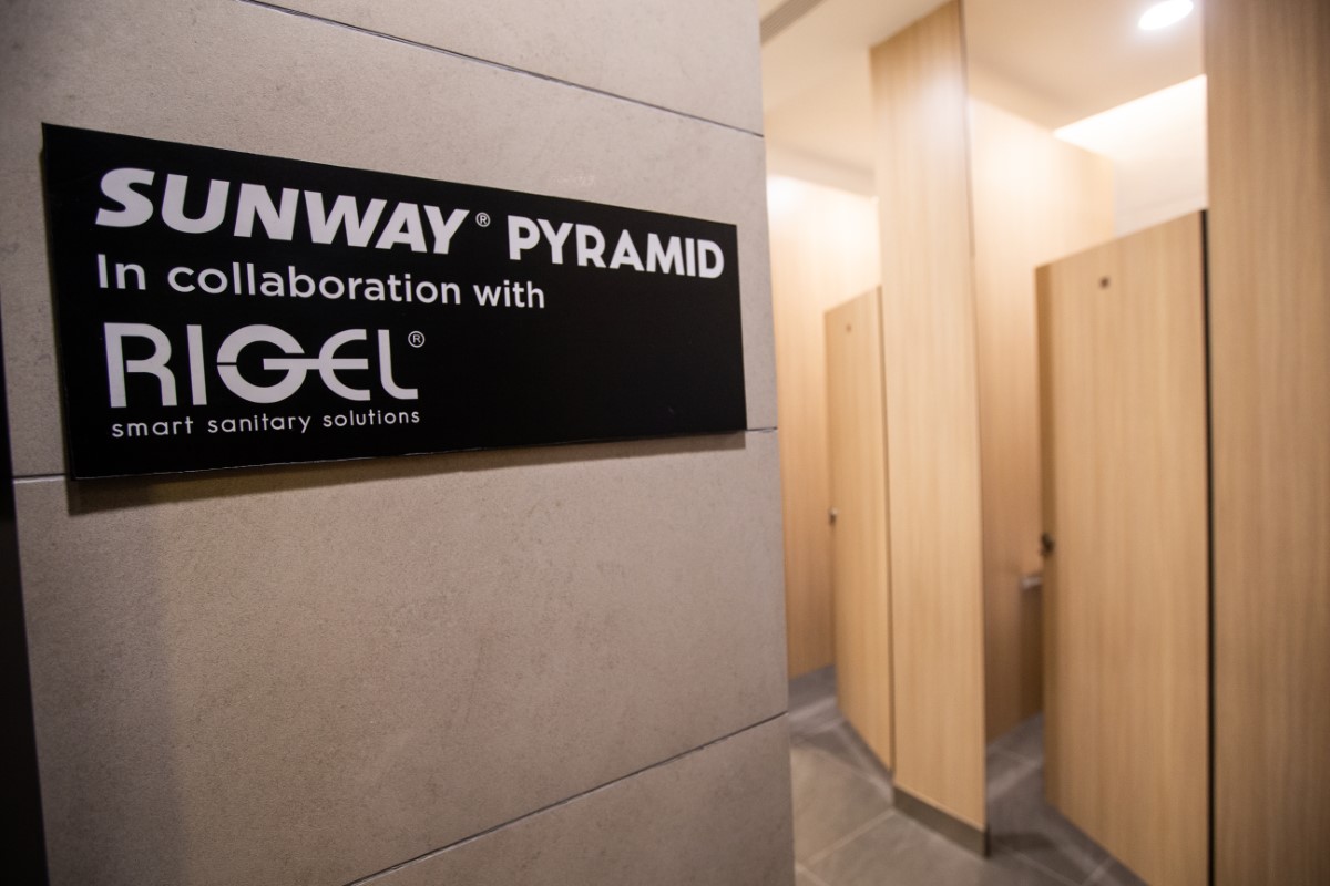 Signage of Sunway Pyramid’s smart toilet collaboration with RIGEL smart sanitary solutions