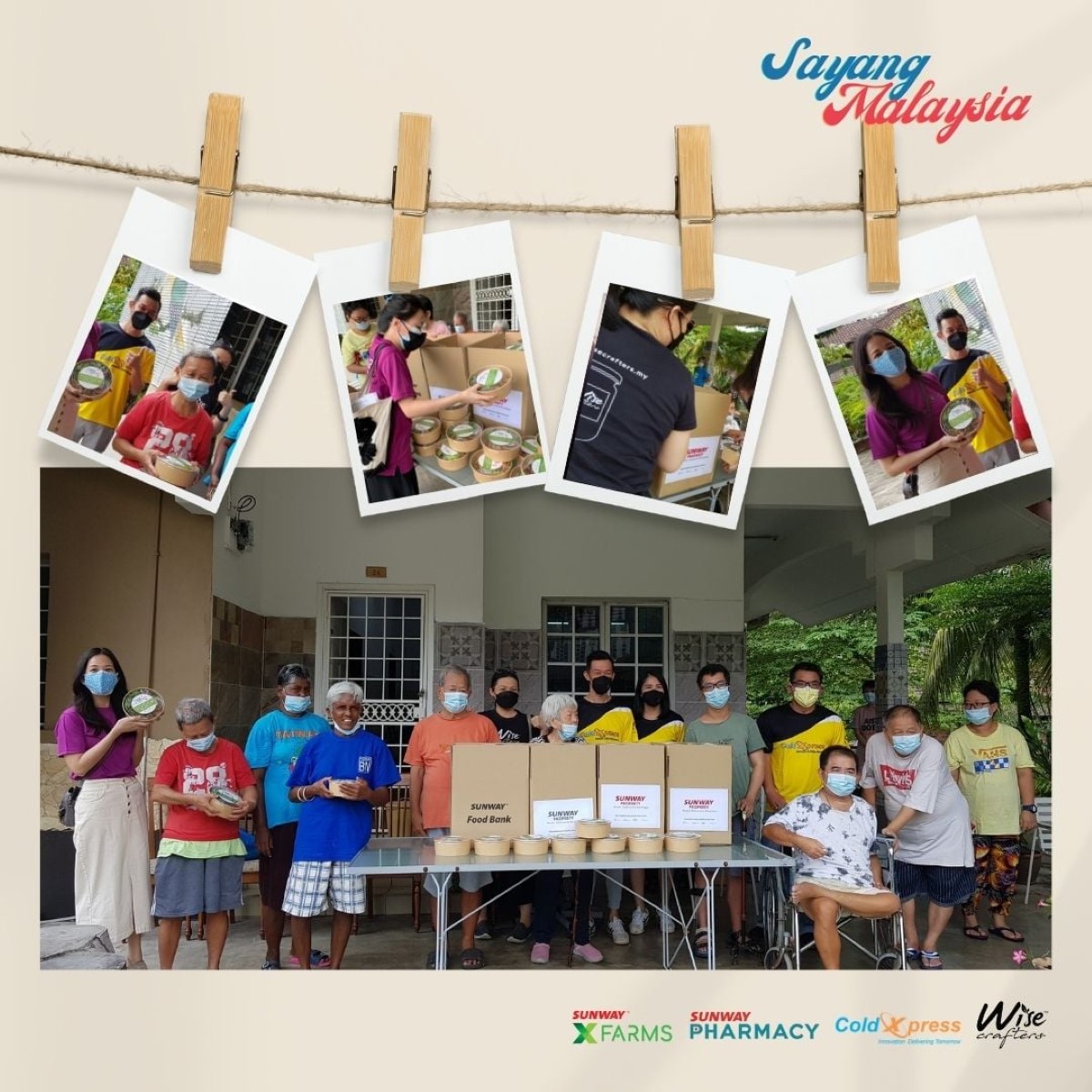 A square frame depicting Wise Crafters’ pilot CSR project “Sayang Malaysia” conducted in collaboration with Sunway XFarms and Sunway Multicare Pharmacy.