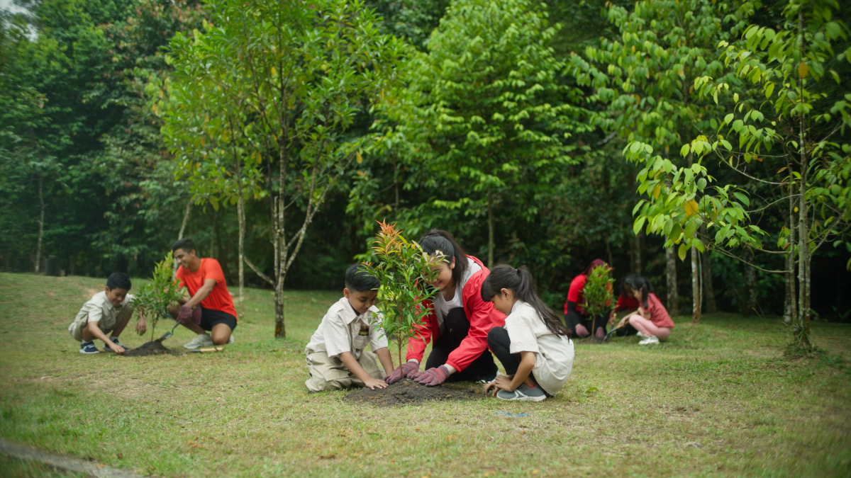 The Sunway Junior Rangers helping out the youth in their tree planting efforts, amidst a tree-spread background.