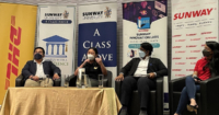 From left to right: Sunway Centre for Planetary Health Chief Planetary Health Scientist Dr Renzo Guinto, DHL Express Malaysia Head of Business Transformation Liew Hun Ni, Disruptr Founder and Editor Poovenraj Kanaraj and Sunway Property Head of Research and Analytics Christine Chong Oelofse. These people are sitting for the panel session of Make It Challenge 2022, at the forefront of buntings of Sunway University, Sunway Group, Sunway iLabs and DHL.