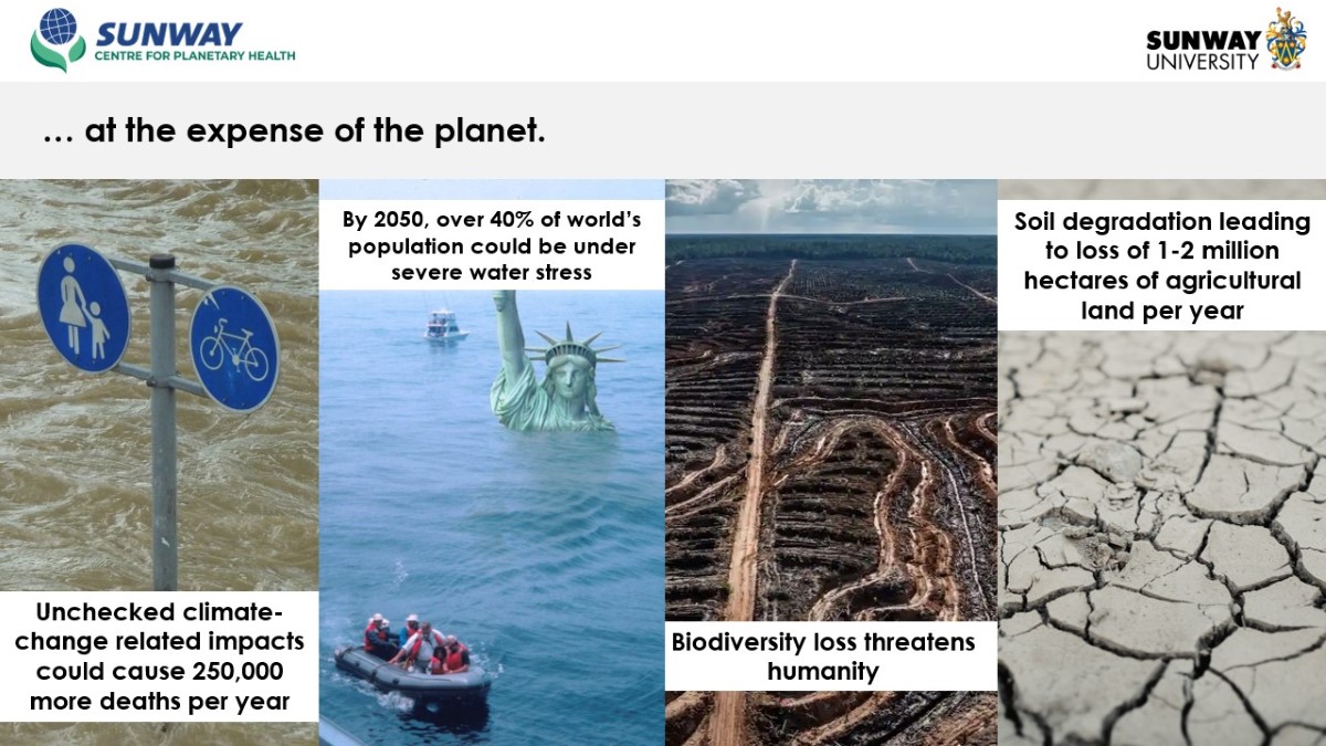 Slide featuring images of flooding, biodiversity loss, and drought.