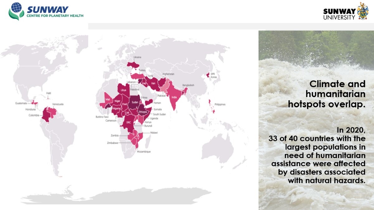 Slide featuring an image of water running violently, as well as a map of the world showing where climate change is hugely affected.