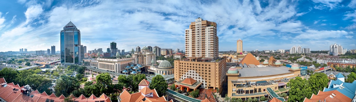 A panorama shot of Sunway City Kuala Lumpur, featuring different buildings of businesses such as Sunway Lagoon Hotel, Sunway Resort Hotel, Sunway Pyramid and Sunway Pinnacle