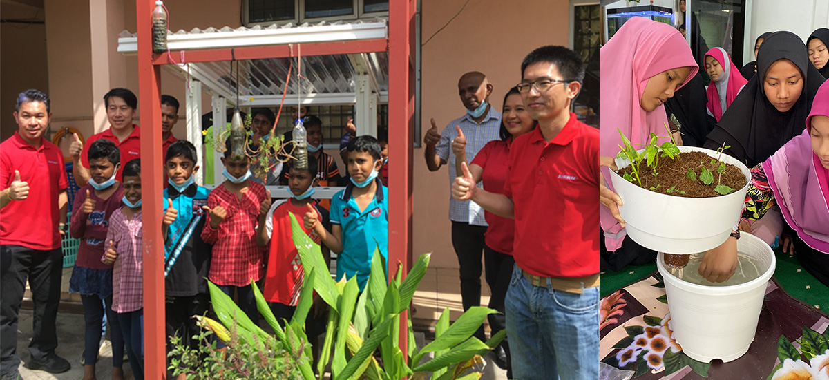 A collage of Sunway volunteers alongside young beneficiaries by a newly-erected hydroponic kit, as well as a close-up portrait shot of enthusiastic beneficiaries germinating seedlings provided by Sunway XFarms.