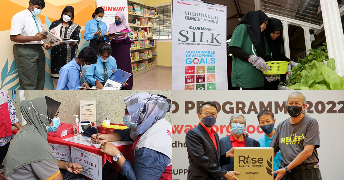 Four images of #SunwayforGood programmes - which includes Tan Sri Dr. Jeffrey Cheah alongside Tan Sri Razman at the Rise Against Hunger 2022 launch event, holding a brown box; A National Kidney Foundation representative reporting on a patient. Alongside it are a red table and medical equipment; Students alongside teachers reading books at the #SunwayforGood Sunway R.E.A.D programme. With a book shelf in the background and a orange painting with leaves; His Highness Tengku Amir Shah Ibni Sultan Sharafuddin Idris Shah Alhaj, Raja Muda of Selangor along with students from the Sunway SILK programme, harvesting vegetables. 