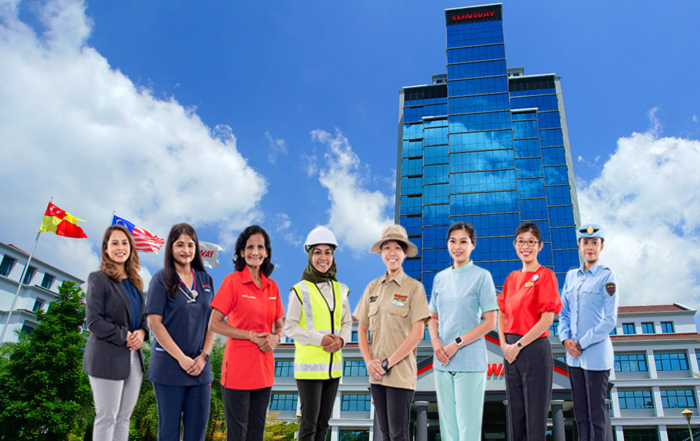A host of female staff of Sunway lining up in front of Menara Sunway, hued with the blue sky