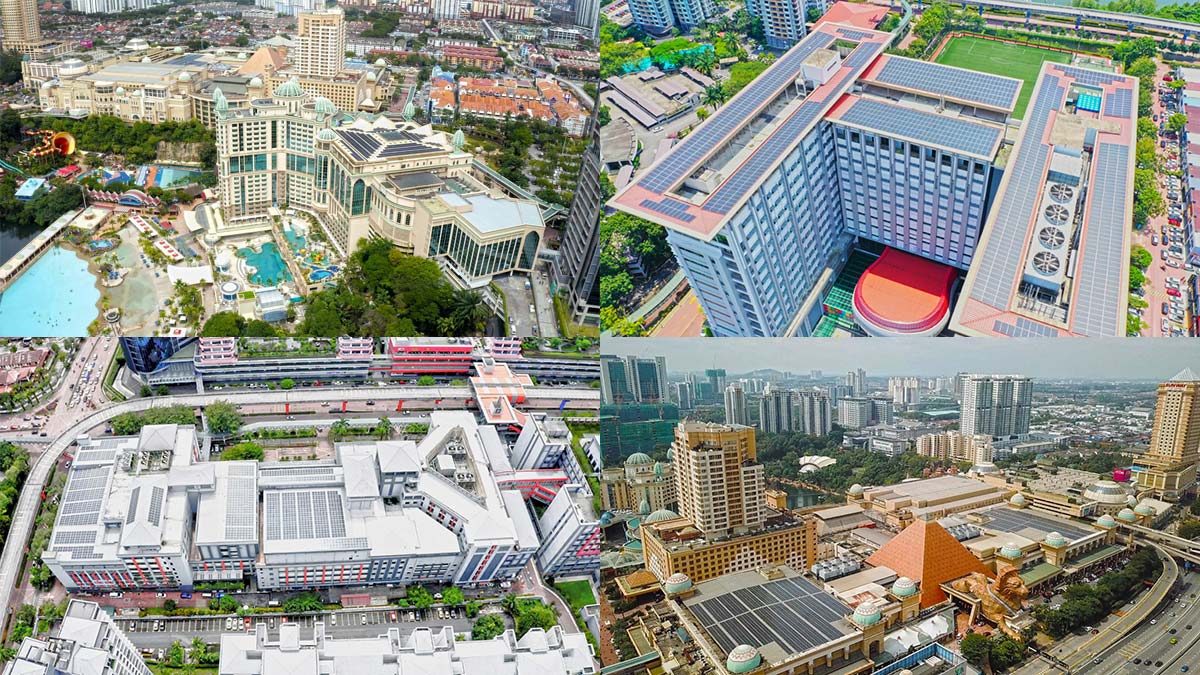 An overview shot of the solar panels of Sunway Resort Hotel , Sunway University , Sunway Medical Centre , Sunway Pyramid