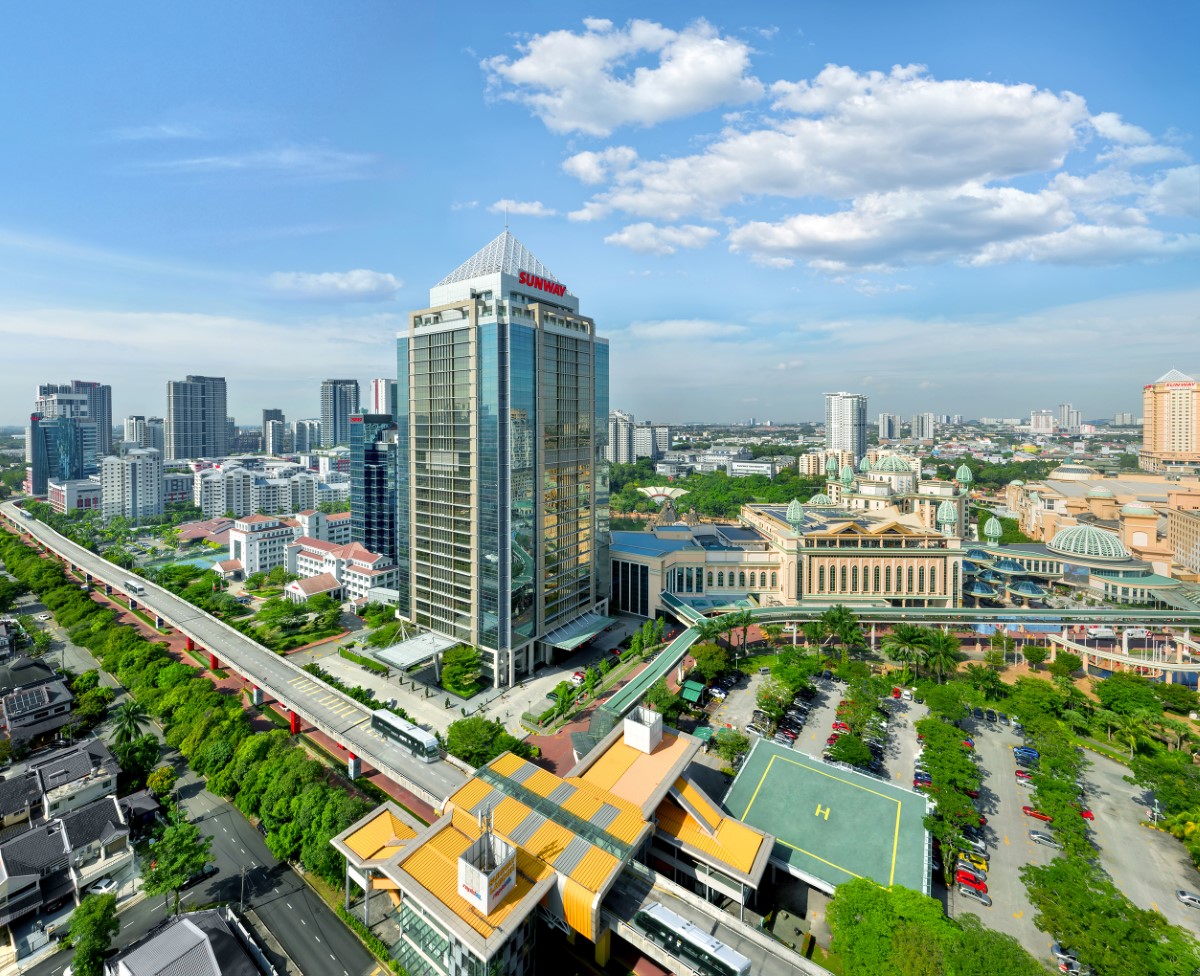 An overview shot of Menara Sunway and the BRT Station, as well as Sunway Resort Hotel.