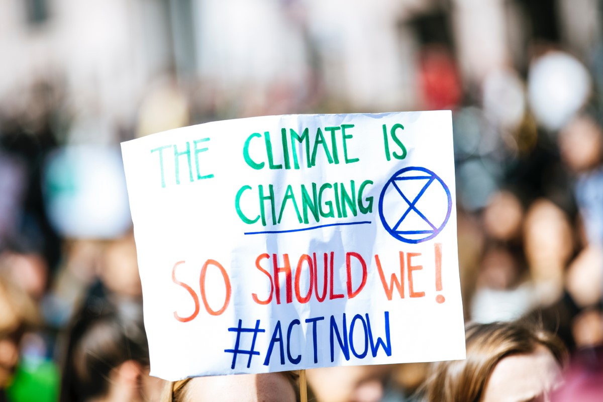 A landscape close-up shot of messages held up by street protestors to urge governmental actions on climate change.