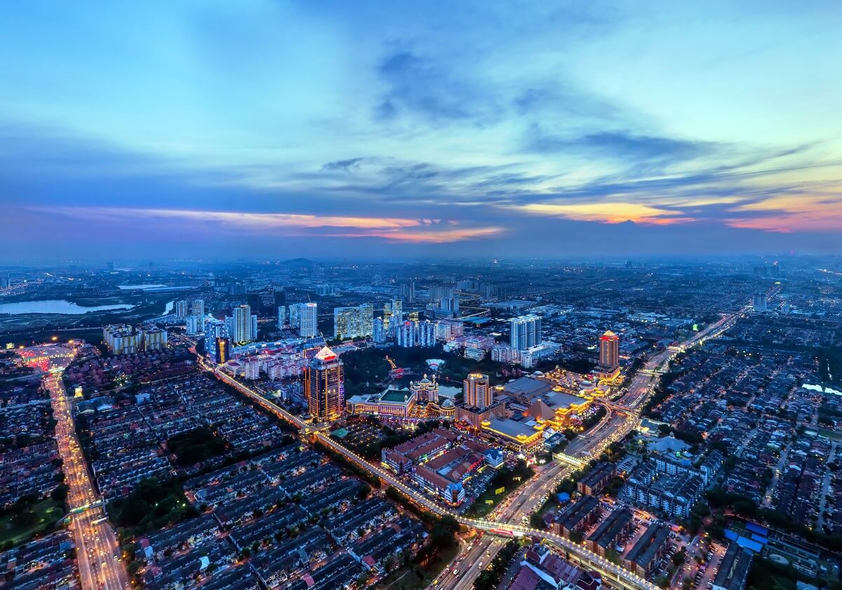 An aerial landscape view of Sunway City Kuala Lumpur come dusk.