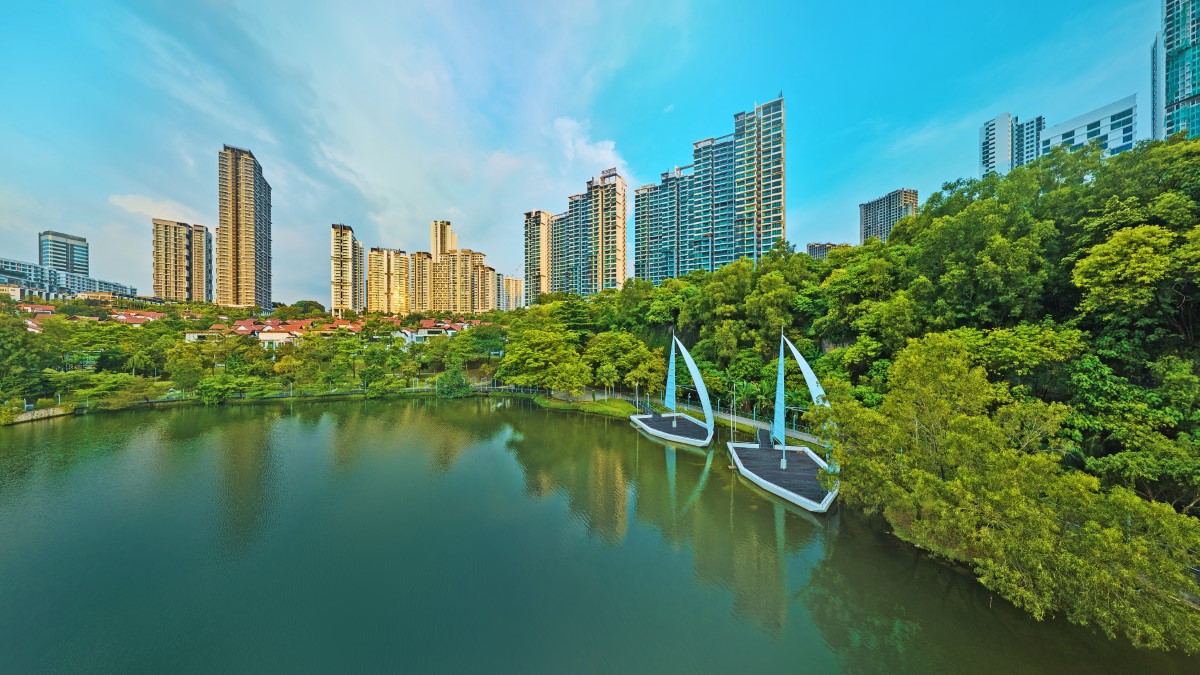 A landscape aerial shot of the pristine Sunway City Kuala Lumpur at daytime.