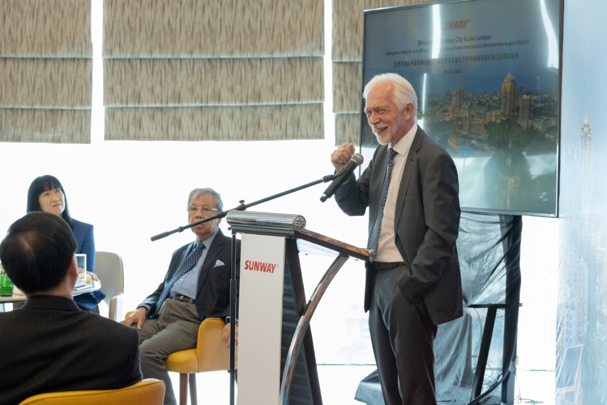 A medium shot of Prof. Sibrandes Poppema, president of Sunway University, giving a speech at Sunway Sanctuary.