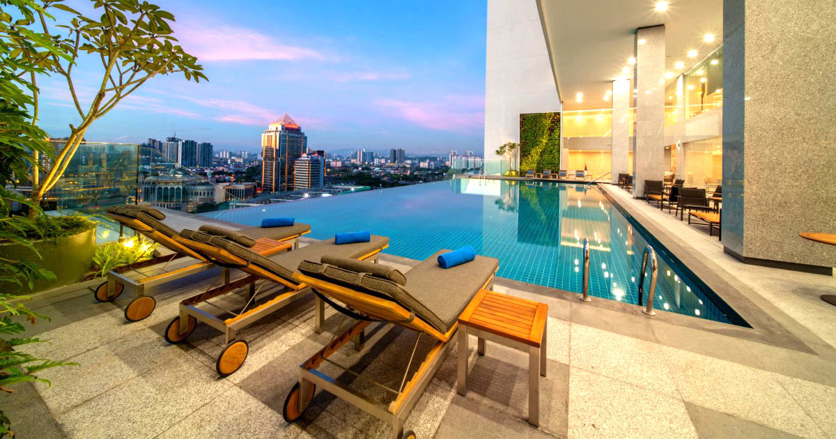 A panoramic view of Sunway City Kuala Lumpur from the poolside view at Sunway Sanctuary