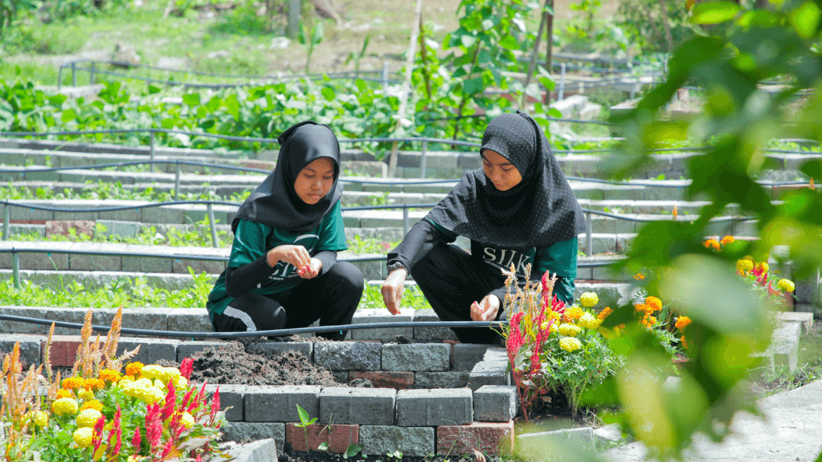 Photo of two students gardening